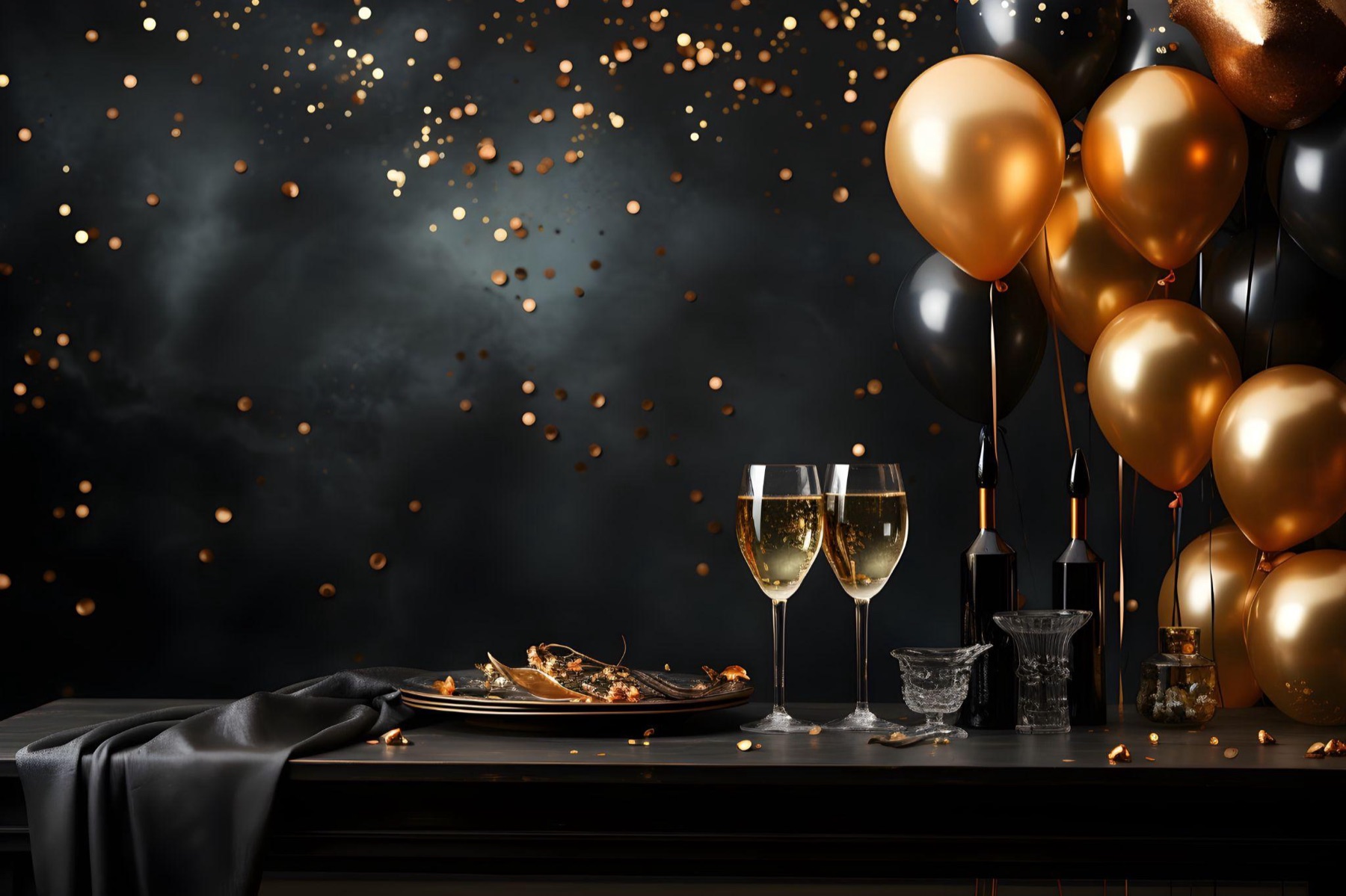 A table set for a gala with gold and black balloons